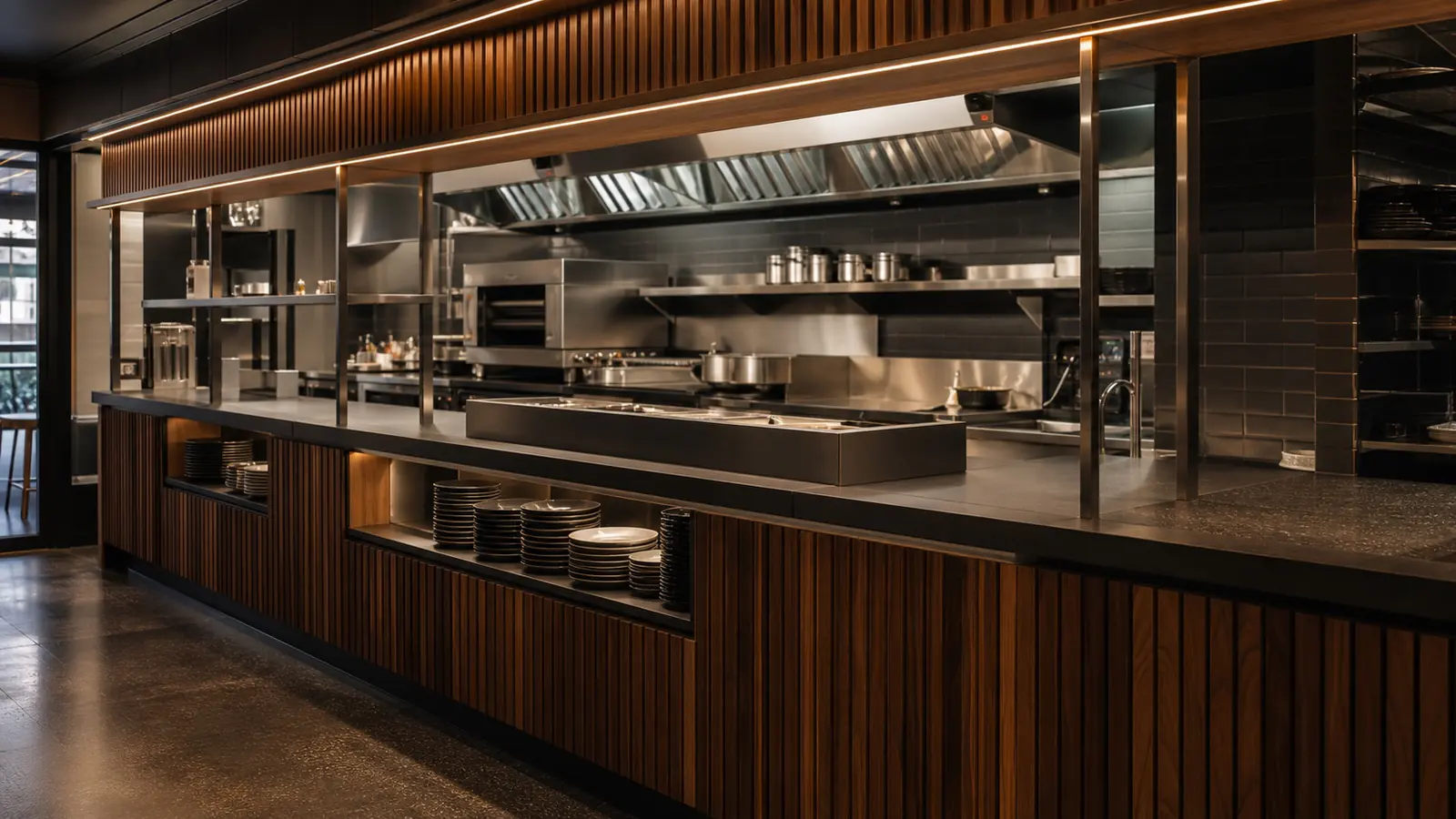 Commercial hospitality kitchen with custom service counter and cabinetry