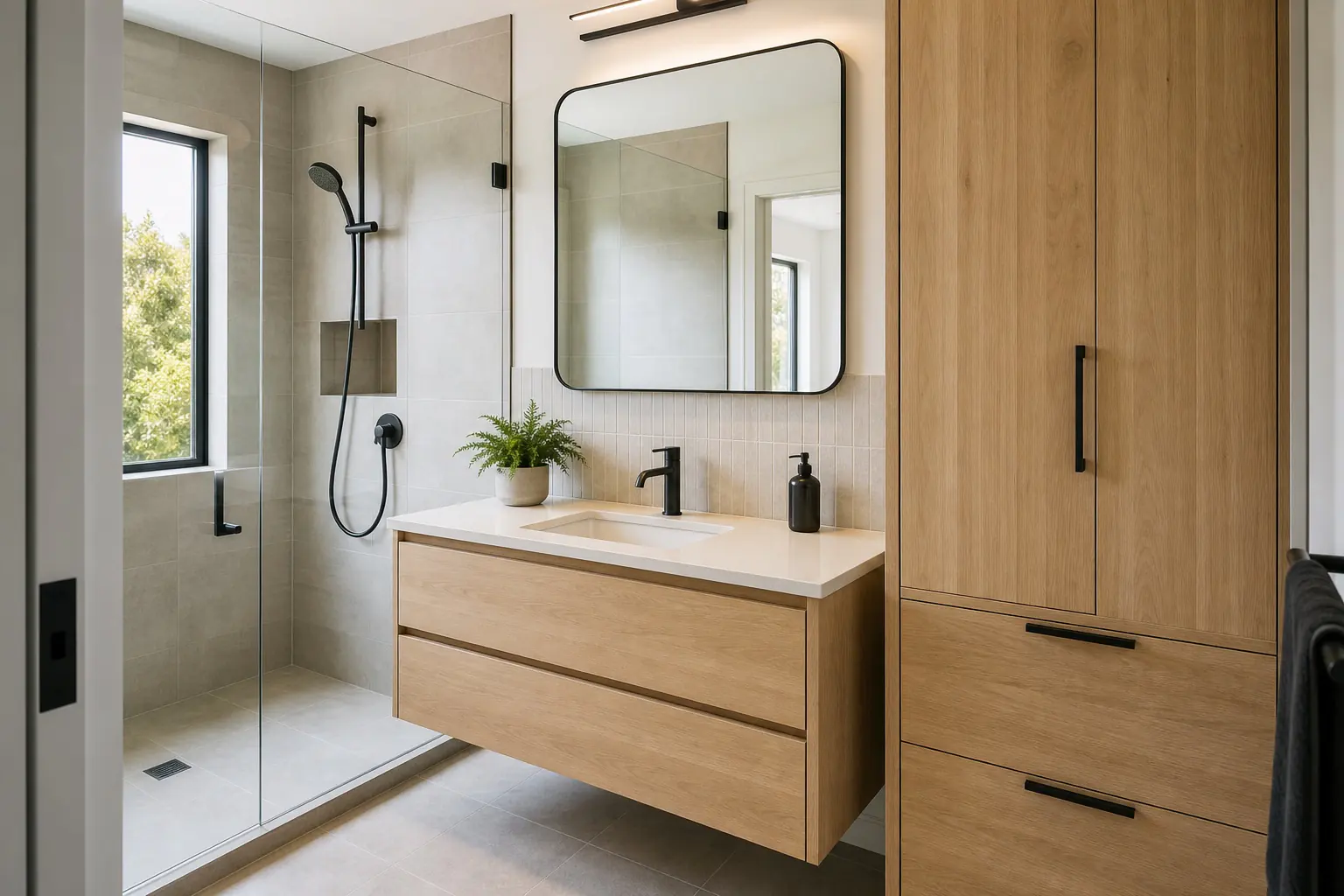 Renovated bathroom with custom vanity and storage joinery